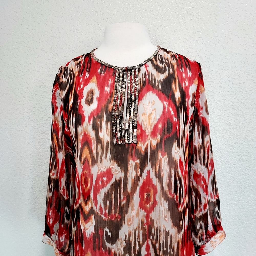 🔴3/$20 Chico's Red & Brown Sheer 3/4 Sleeves Blouse Size M - Picture 2 of 13